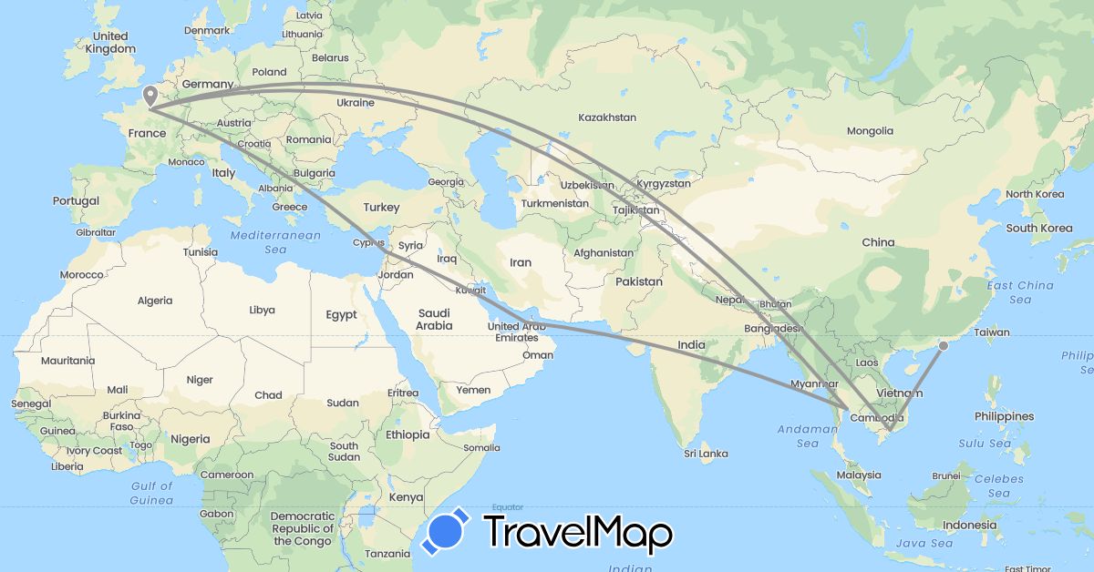 TravelMap itinerary: plane in United Arab Emirates, France, Lebanon, Thailand (Asia, Europe)